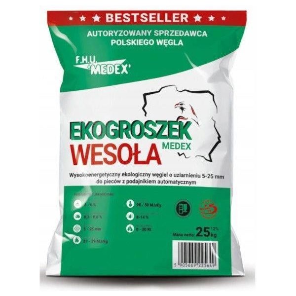 Węgiel groszek Medex Wesoła Plus 28, worek 25 kg