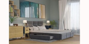 Big Łóżko 160X200 Tapicerowane Bergamo + 2 Szuflady Welur Ciemno Szare