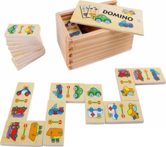 Gra logiczna dla dzieci - drewniane domino  z obrazkami (pojazdy) Small Foot