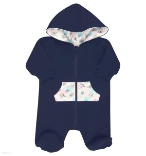 Kombinezon niemowlęcy  dla dziewczynki NiNi „Ptaszki” – granatowy z bawełny organicznej